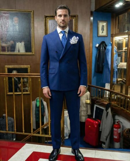 Abito sartoriale doppio petto blu, cerimonia, made in Italy