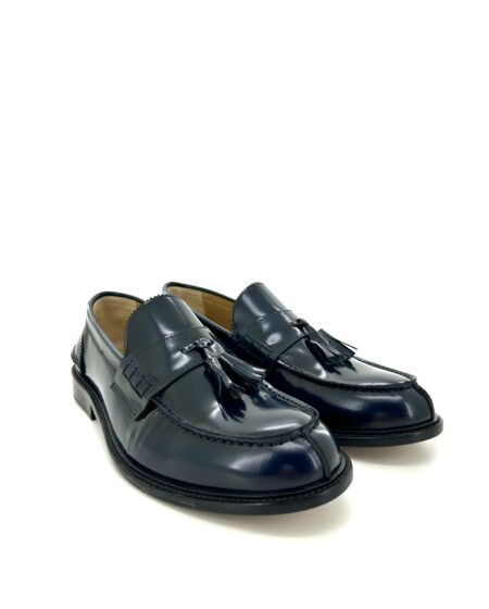 Saxone mocassino con nappine uomo, in pelle Polish binder blu scuro, doppia suola cuoio