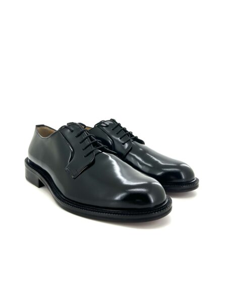 Saxone scarpa allacciata derby uomo,in pelle nera Polish binder,suola cuoio