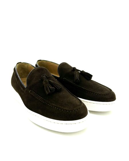 Saxone mocassini con nappine uomo, in pelle scamosciata marrone, suola in gomma