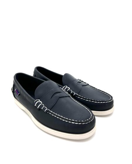 Sebago docksides, mocassini barca, in pelle blu, suola chiara