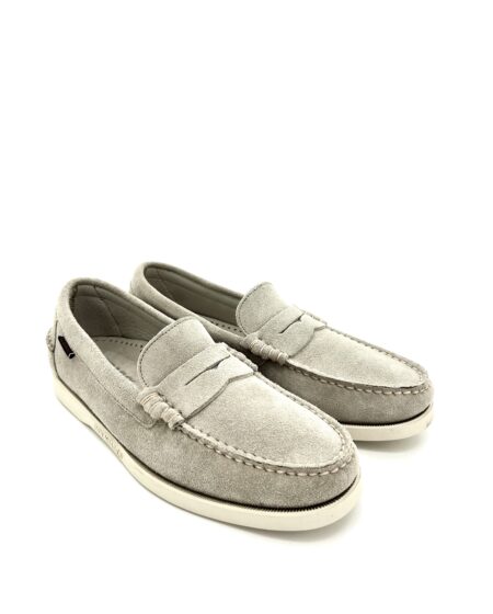 Sebago docksides, mocassini barca, in pelle scamosciata grigio chiaro, suola chiara