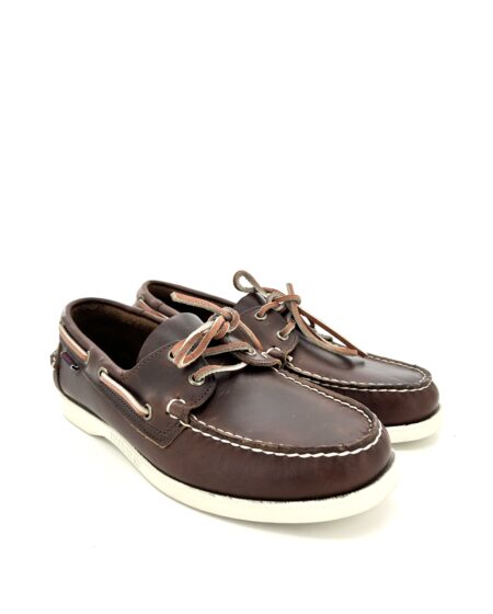 Sebago docksides, allacciata marrone, in pelle anticata, suola chiara