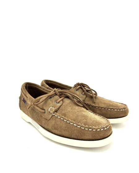 Sebago docksides, allacciata vela, scamoscata marroncino chiaro, suola chiara