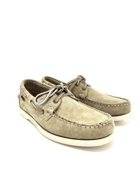 Sebago docksides, allacciata vela, scamosciata beige, suola chiara