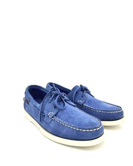 Sebago docksides, allacciata vela, scamosciata azzurra, suola chiara
