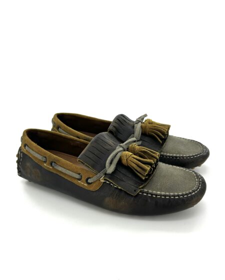 Car Shoe, mocassini con gommini e frange, in pelle bicolore