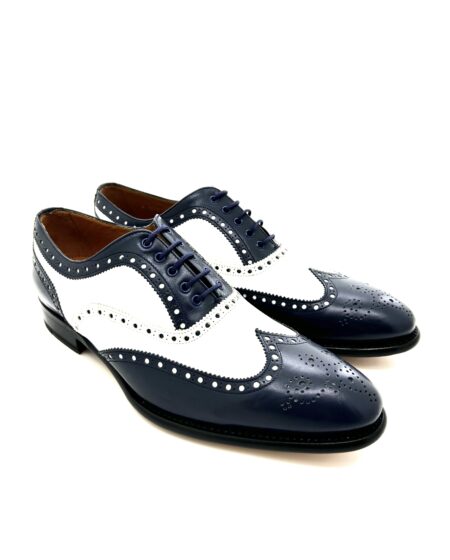 Sir Wilson scarpe classiche allacciate uomo, in pelle bicolore bianco e blu, cucite a mano