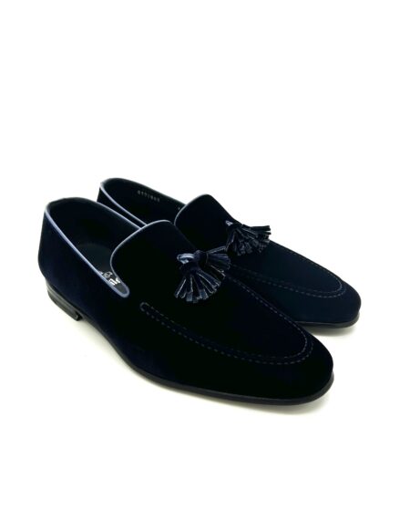 Sir Wilson mocassini con nappine uomo, in velluto blu scuro con bordino azzurro, suola cuoio, cucite a mano