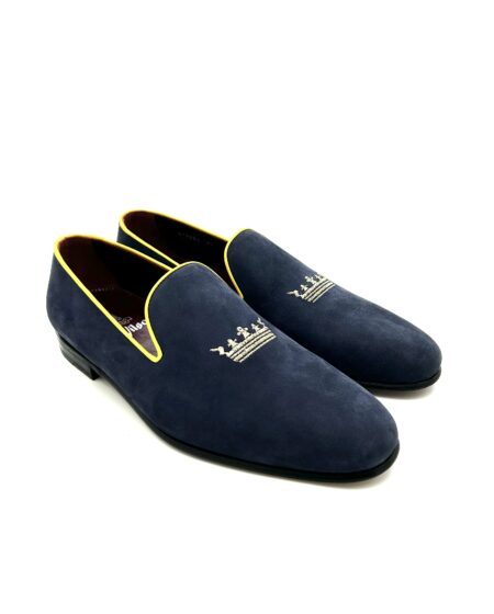 Sir Wilson mocassini uomo, in pelle scamosciata blu con bordino giallo, suola cuoio, cucite a mano