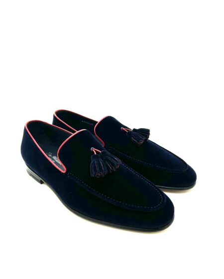 Sir Wilson mocassini con nappine uomo, in velluto blu scuro con bordino rosso, suola cuoio, cucite a mano