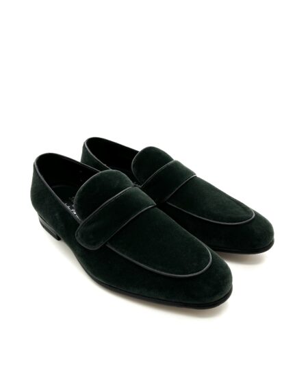 Sir Wilson mocassini uomo, in velluto verde, suola cuoio, cucite a mano