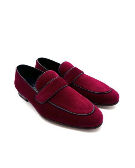 Sir Wilson mocassini uomo, in velluto rosso, suola cuoio, cucite a mano