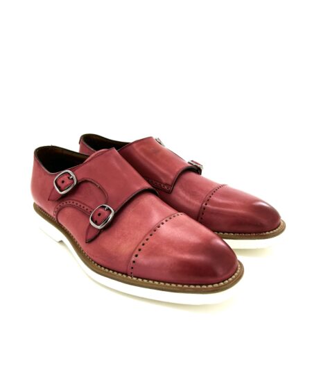 Franceschetti scarpe uomo, in pelle anticata rossa con doppia fibbia, suola in gomma