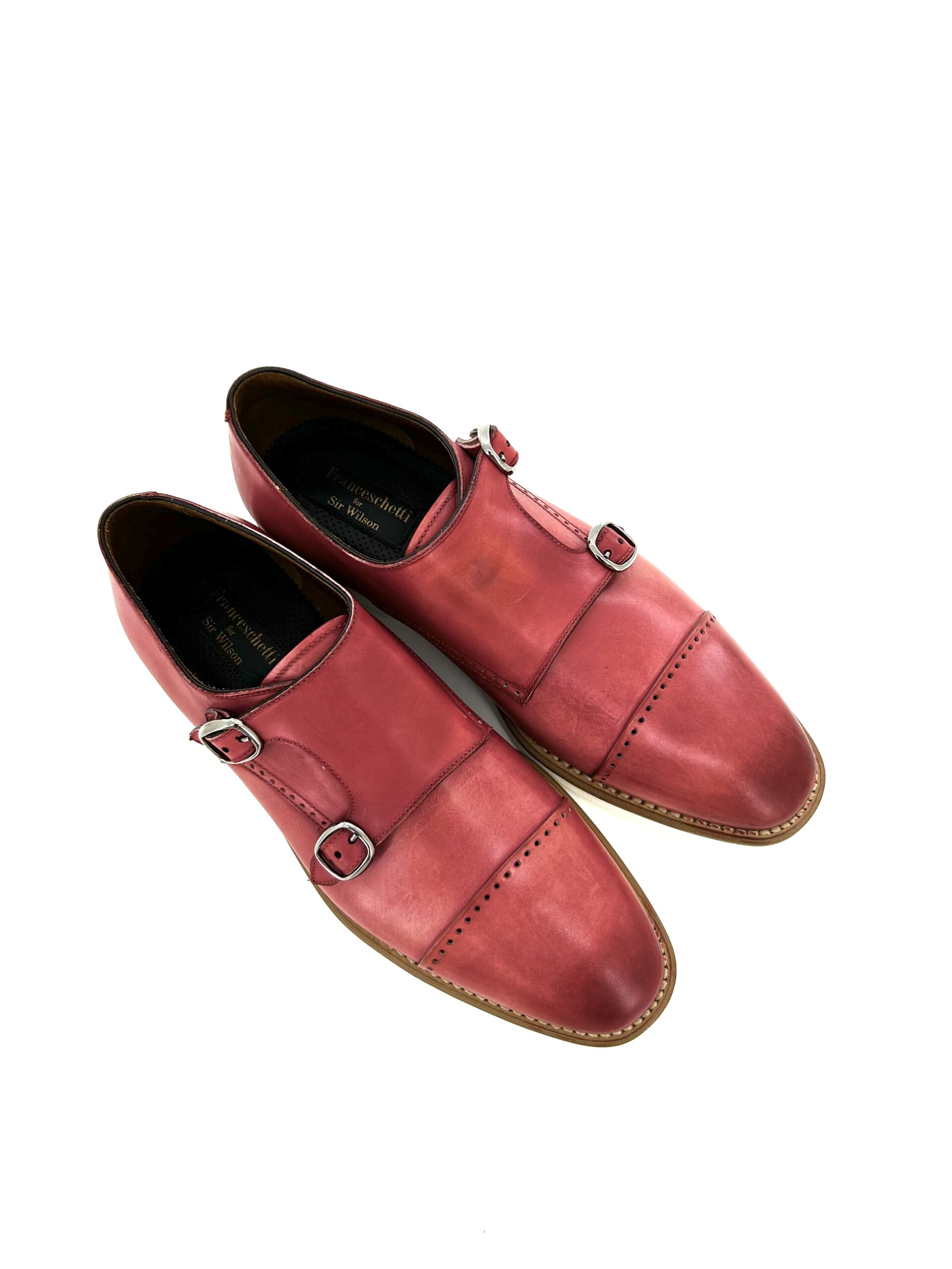 Franceschetti scarpe uomo, in pelle anticata rossa con doppia fibbia, suola in gomma