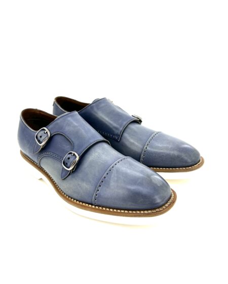 Franceschetti scarpe uomo, in pelle anticata blu con doppia fibbia, suola in gomma