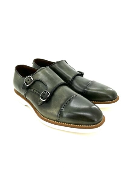 Franceschetti scarpe uomo, in pelle anticata verde con doppia fibbia, suola in gomma