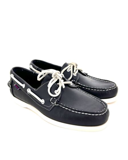 Sebago docksides, mocassini allacciate, in pelle blu navy, suola chiara