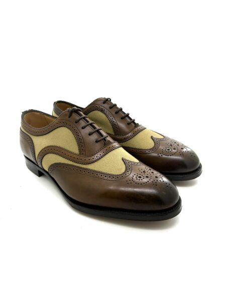 Edward Green scarpe classiche allacciate uomo, coda di rondine, bicolore pelle marrone e tessuto beige twill