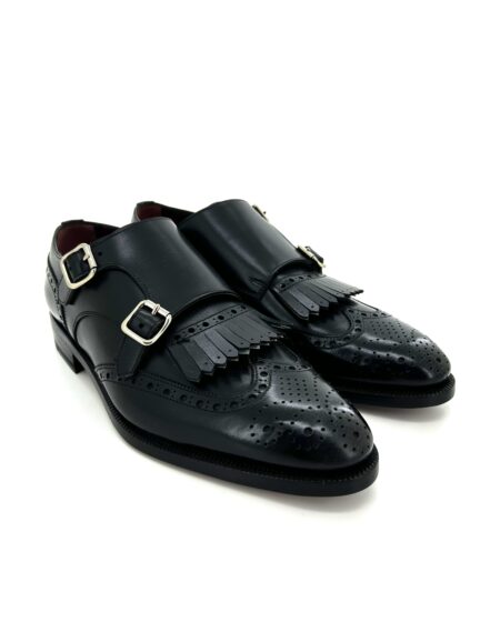 Sir Wilson scarpe classiche uomo, in pelle nera con doppia fibbia e frange