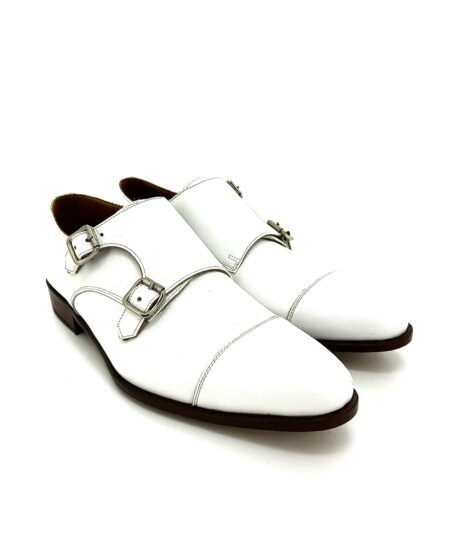 Sir Wilson scarpe uomo, in pelle bianco con doppia fibbia
