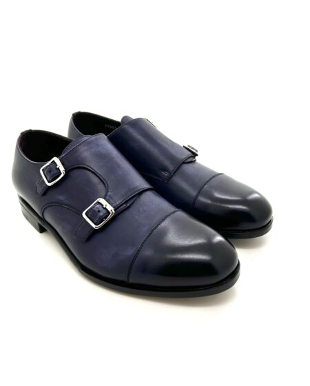 Sir Wilson scarpe uomo, in pelle blu anticata con doppia fibbia