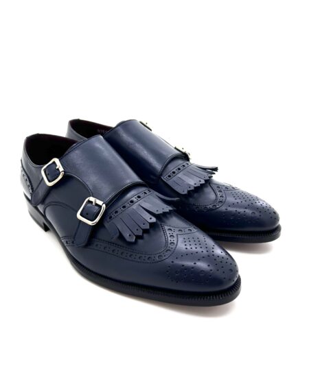 Sir Wilson scarpe classiche uomo, in pelle blu con doppia fibbia e frange