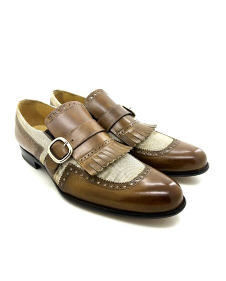 Sir Wilson scarpe uomo, in pelle marrone anticata e tessuto, con doppia fibbia e frange