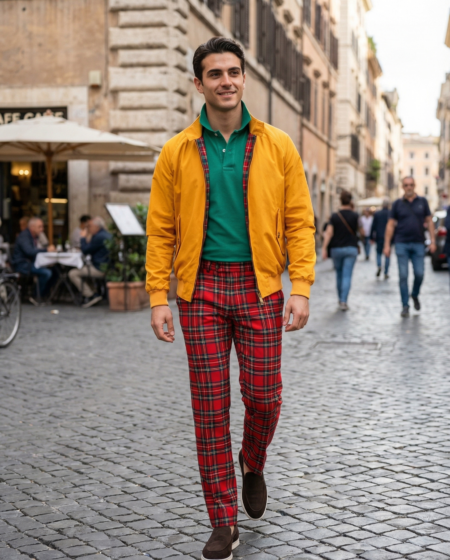 Giubbotto baracuta giallo, pantalone scozzese golf, scarpe saxone