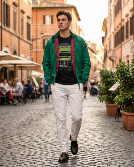 Giubbotto baracuta verde, t-shirt lamborghini miura, jeans jeckerson bianchi toppa alcantara bianca