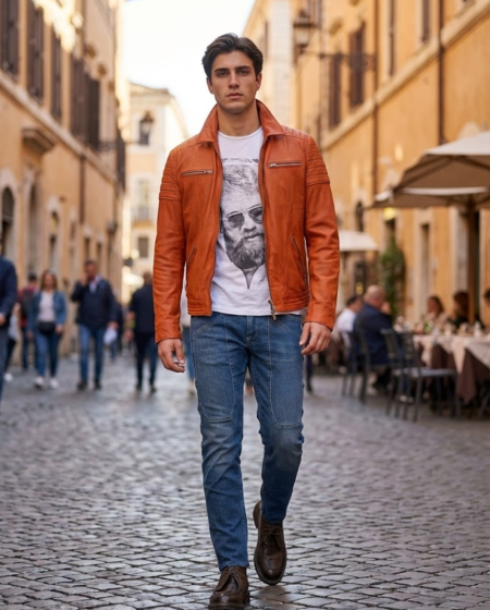 Giubbotto pelle nappa perfored arancio foderato in lino, t-shirt steve mcqueen, jeans jeckerson
