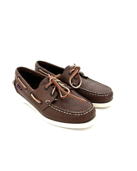 Sebago docksides donna, allacciate marrone, in pelle anticata, suola chiara