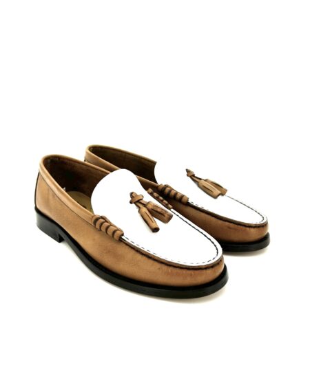 Saxone mocassini con nappine donna, in pelle cognac e bianco, suola cuoio