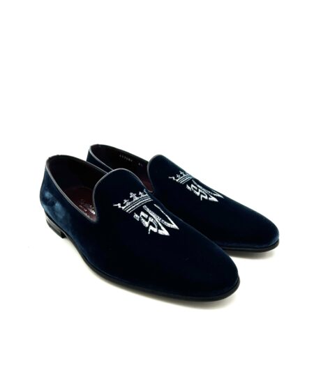 Sir Wilson mocassini uomo, in velluto bluette, suola cuoio, cucite a mano