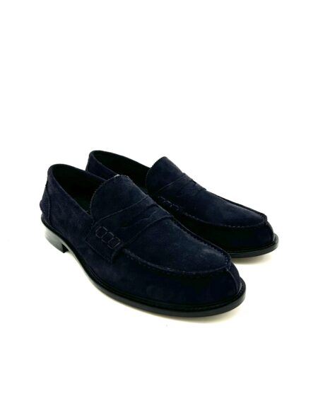 Saxone mocassini uomo, in pelle scamosciata blu navy, pianta larga, doppia suola cuoio