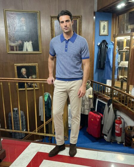 Polo microdisegno bianco e blu