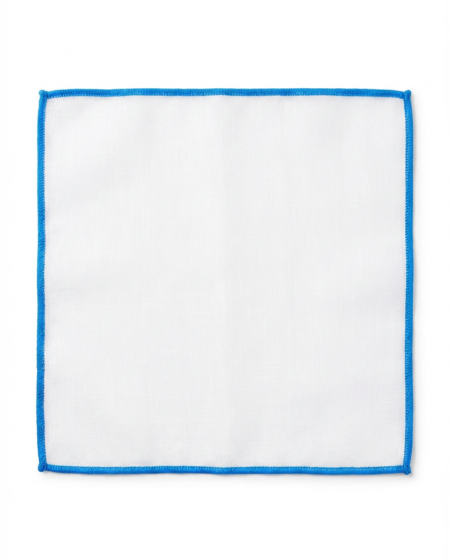 Pochette da taschino in lino bianco con bordo blu — fatta a mano