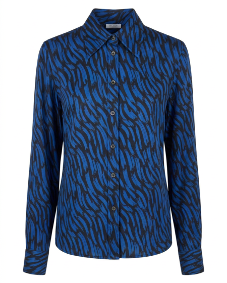 Camicia in seta blu con fantasia a pennellate
