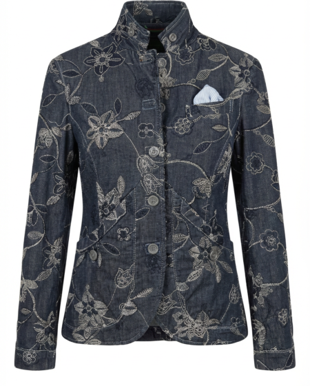 Giacca in denim blu con ricamo floreale fantasia