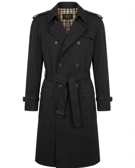 Trench coat nero da uomo in tessuto tecnico