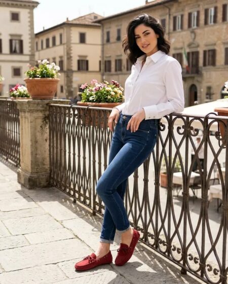 Saxone mocassini con fiocchi donna, in pelle scamosciata rossa