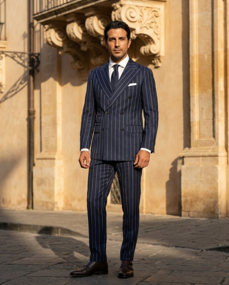 Abito Uomo Sartoriale Gessato Blu Doppio Petto — sicily_baroque