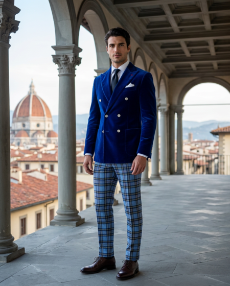 Giacca Velluto Doppio Petto Bluette + Pantalone Scozzese โ florence_loggia
