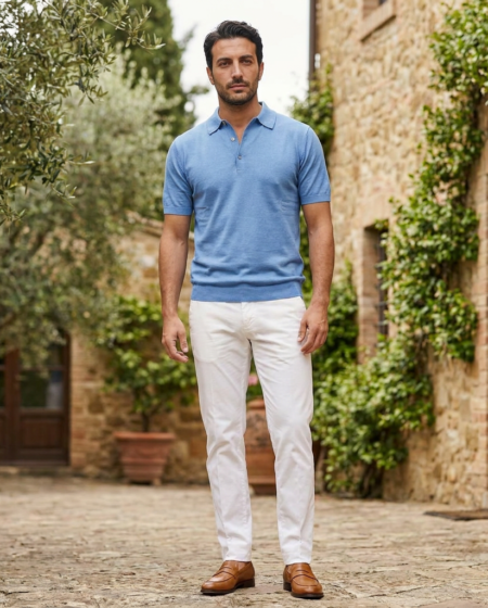 Polo Serafino Sea Island Cotton - Azzurro — outdoor