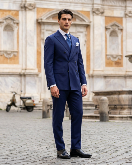 Abito Sartoriale Doppio Petto Blu Cerimonia — piazza italiana